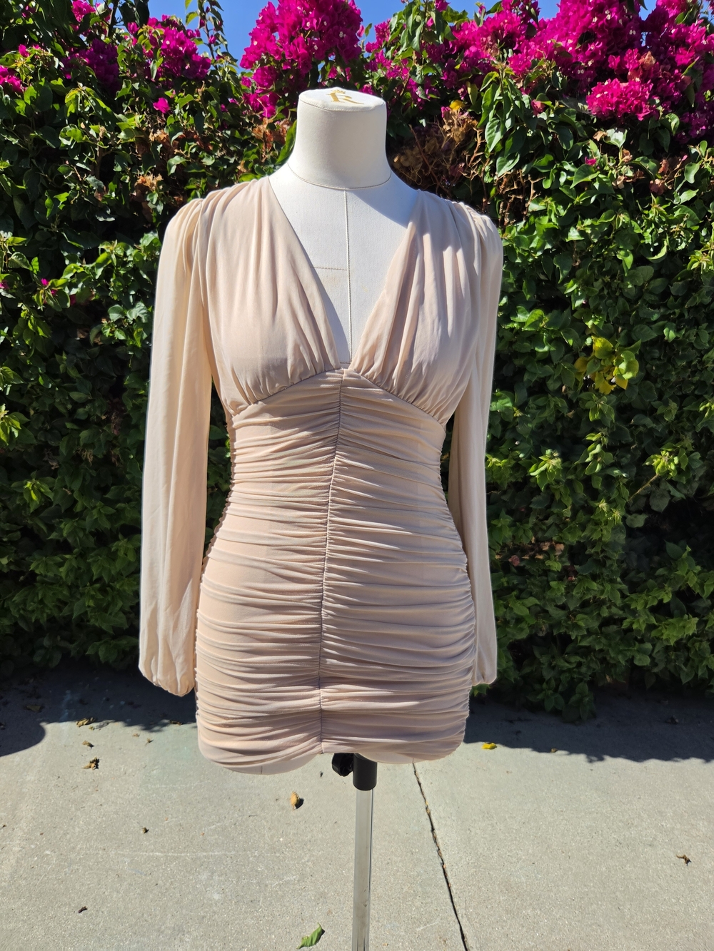 Salty Mesh Ruched Balloon Sleeve Bodycon Dress Tan Size Small (SAMPLE SALE)